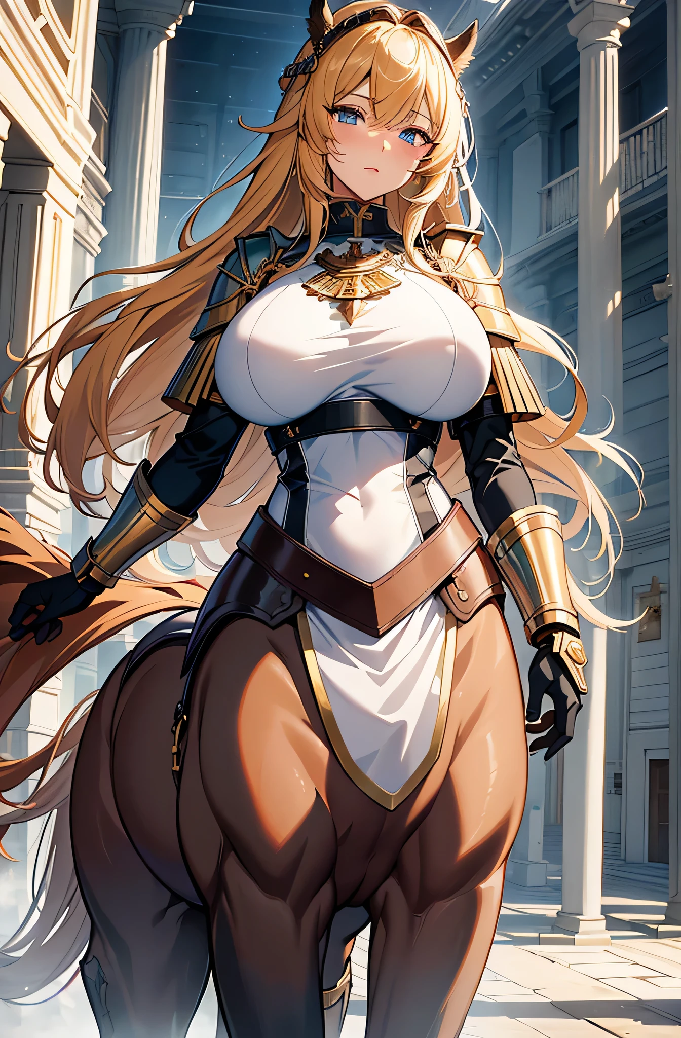 Masterpiece++, Best Quality++, Ultra-Defined++, Ultra-Defined++, 4k++, 8k++, (background focus)++, highly detailed, ((colosseum))++, landscape, (1 person)+, ( (((centaur))))++++, ((muscular and large mature woman))++, ((armored centaur))++, ((wild mature woman)), (lance in right hand )+, ((with lance in right hand))++, ((battle stance))++, (brown horse ears and brown horse long tail), (((breastplate armor)))+++ , (steel armor) (wearing armor) ++, ((upper body female, lower body horse)) ++, (super shiny hair and skin), (golden hair)), (blue Eyes) +, white skin, long hair, (bangs hang diagonally), (sunlight), (holding a huge lance) +, ((beautiful)), (huge breasts_body: 1.5), (huge breasts_breasts: 1.5), (((muscular girl with clearly visible abs and muscles))++, cleavage, bouncy, cleansed shave, abs, muscular thighs, inappropriate smile, tight eyes, perfect hands, perfect nose, blond hair, (wet body), rough atmosphere, (wet effect)+, (light effect), (cinematic light)+, (light cinematic )+