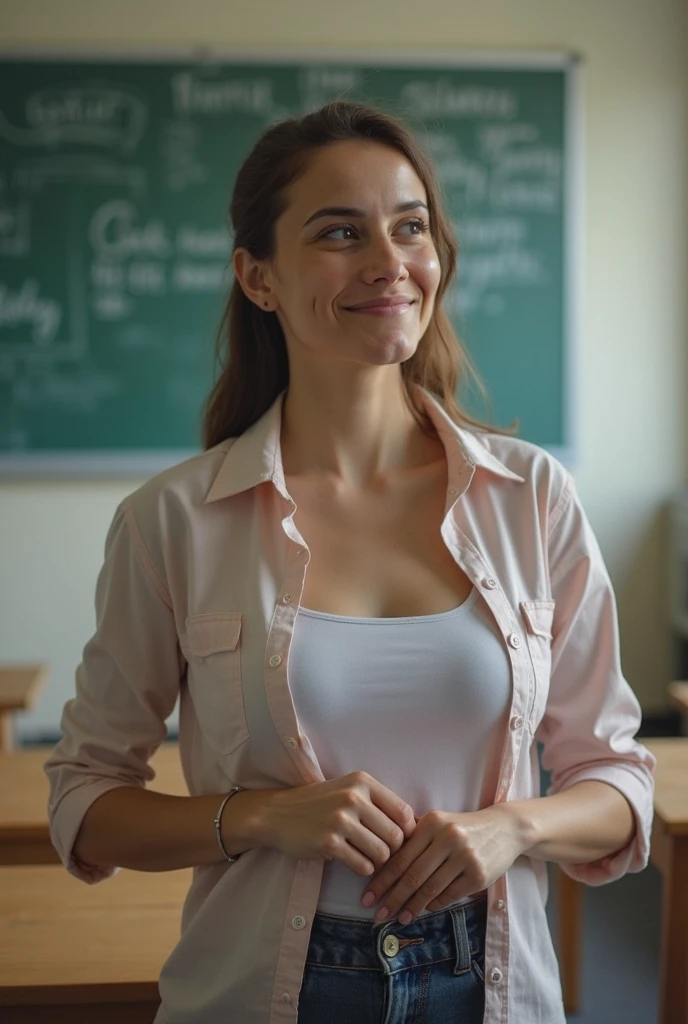 woman with a pleased face with her eyes closed and mouth open about to scream while standing in a classroom