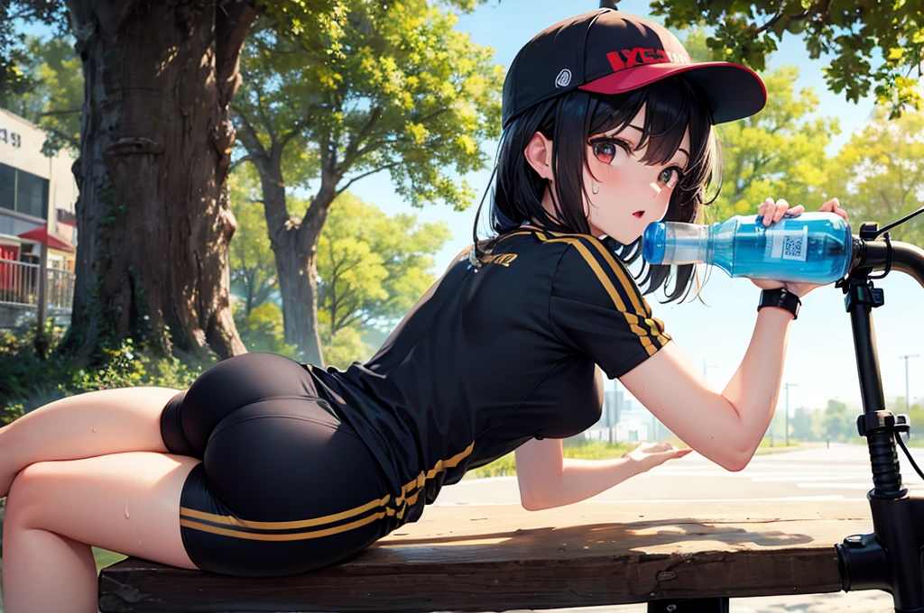 anime, best quality, high quality, highres, beautiful women, high detail, good lighting, lewd, hentai, (((cycling outfit))), ((sweaty)), bare thighs, (((wetting herself))), (((peeing herself))), (((peeing self))), pee streaming down legs, peeing stain, (puddle), (thick thighs), nice legs, lipstick, ((at a park))
