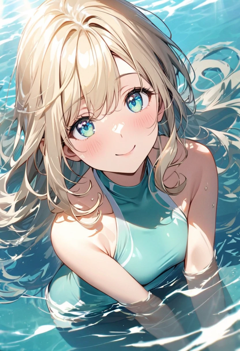 best quality, masterpiece, ultra high res, (photorealistic:1.4), RAW photo, Intricate details, ((Perfect Anatomy)), Big beautiful eyes, Perfect contours, masterpiece, One girl, ((high school girl)), Shortcuts, Medium chest, (one piece, turtleneck,No sleeve), Transparent and clear metallic green swimsuit, 　tight high leg swimsuit, ((Shooting from below, looking up:1.2)), Portrait, ((Face close up)), View your viewers, Outdoor swimming pool, Partially submerged, Wet Skin, Smile, (armpit), Hands Free