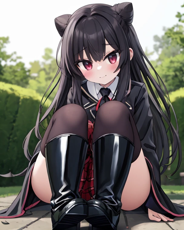 (high-res masterpiece)) , ((best quality)), illustration, furry, cat, animal ears, tail, bodyfur, black fur, 1girl, POV, full body, 1girl solo *//*, red eyes, blushing *//*, black trench coat, looking at viewer, lifting skirt, red skirt, no panties