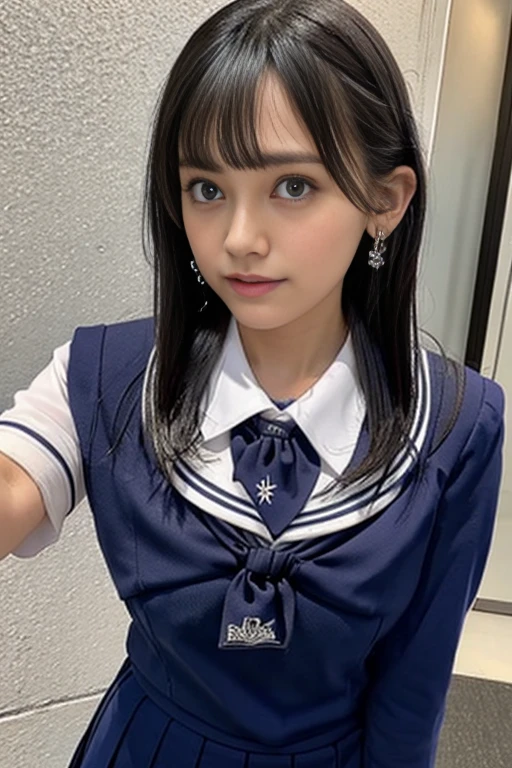 (hightquality、​masterpiece、ultra res、Taking long shots),in 8K,japanese beauty girl(Clear eyes:1.3)、Very young girl、Girl with a cute smileです、 10-year-old female model,(Super cute face in idol style:1.2), Girl with a cute smile、Pattsun bangs、A dark-haired、semi long hair、Middle hair、Straight hair、genitals are smooth、The genitals are so real、Breasts are small、(Junior high school girls uniform、Navy blue sailor suit、Red ribbon at chest、Short pleated skirt in dark blue)、