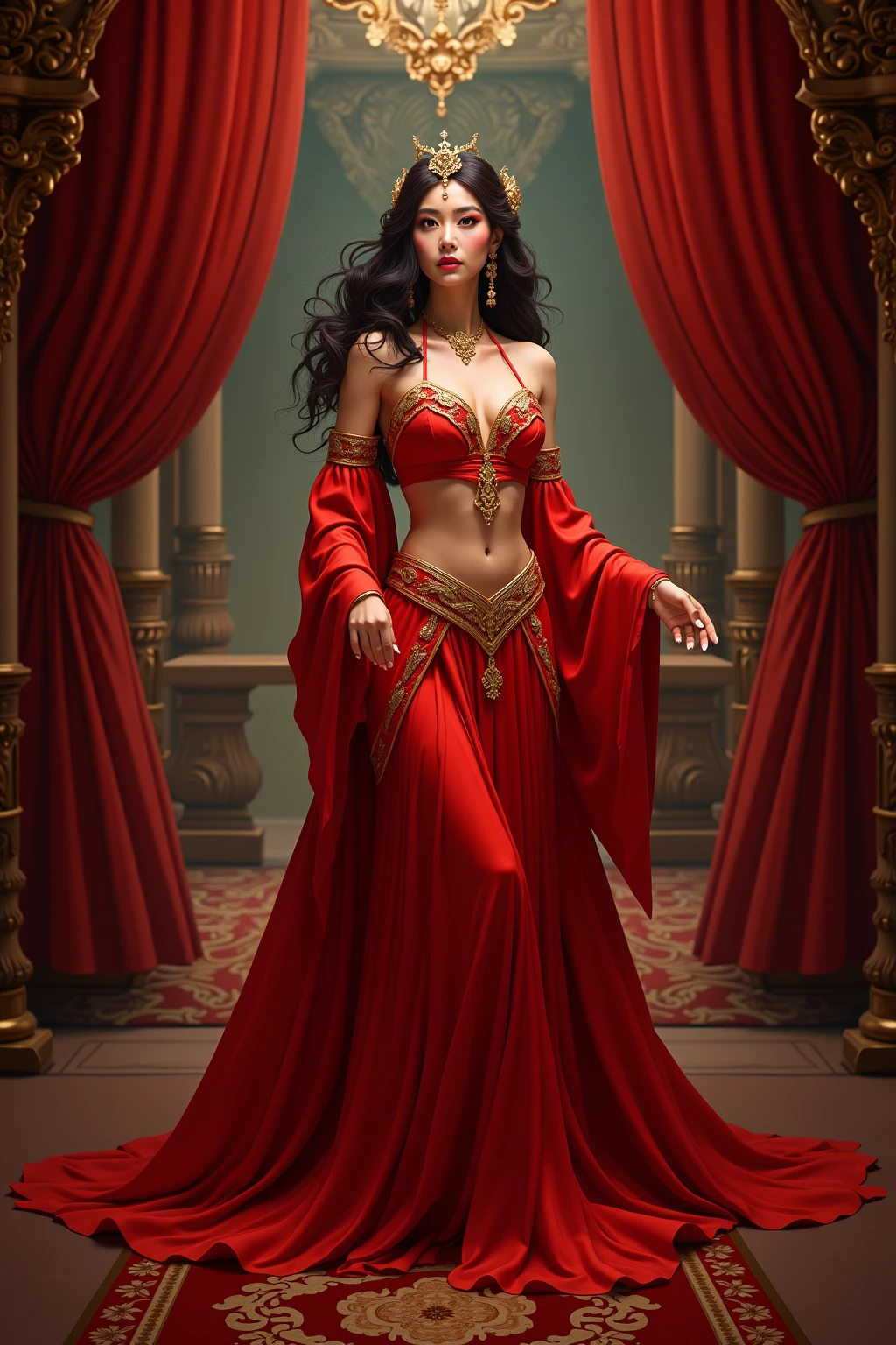 Beautiful queen with her feet on her opponent 
