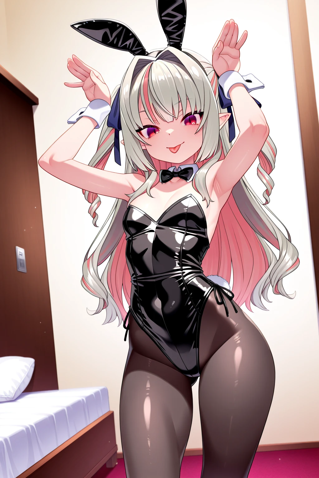 ((nikkeadmi)),nsfw,((solo girl)),((Perfect body,))((Super beautiful,))((High quality,)), (sweaty,wet fullbody,)Steam,blush,Shiny,love hotel room,cowboy shot,pov,Looking at Viewer,small breast,half open eyes,((Turning your back to me, sticking out your butt,She turns around with her back to me, sticking out her butt,from back view,Directly behind)),((Playboy Bunny girl costume,fishnets pantyhose, black pantyhose,bunny rabbit ear hairband,)),((Shake your butt violently up and down and left and right)),