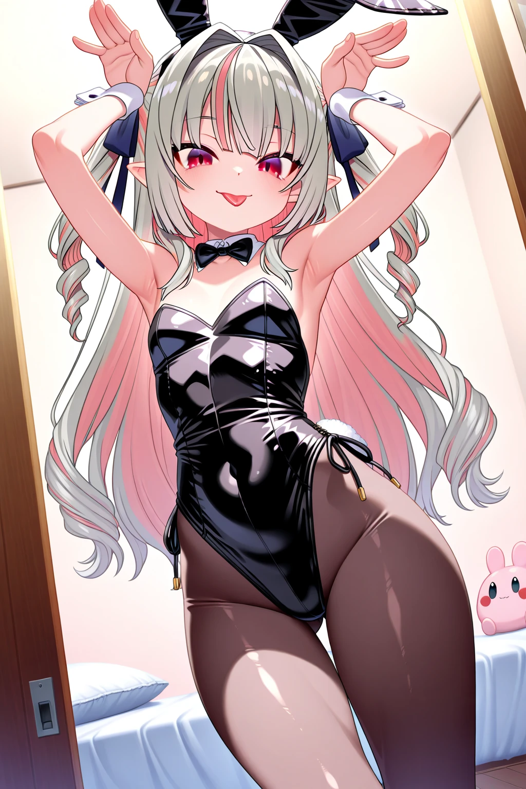 (((Little girl,))) (((child,))) loli bodies,((nikkeadmi)),nsfw,((solo girl)),((Perfect body,))((Super beautiful,))((High quality,)), (sweaty,wet all over,)Steam,blush,Shiny,love hotel room,(pov, Looking at Viewer,),small breast,half open eyes,collar,((white colors Playboy Bunny girl costume,white fishnets pantyhose, white pantyhose,white bunny rabbit ear hairband,))(Show off your crotch by opening your crotch in a crouching posture,)squatting and straddling,(from below,)