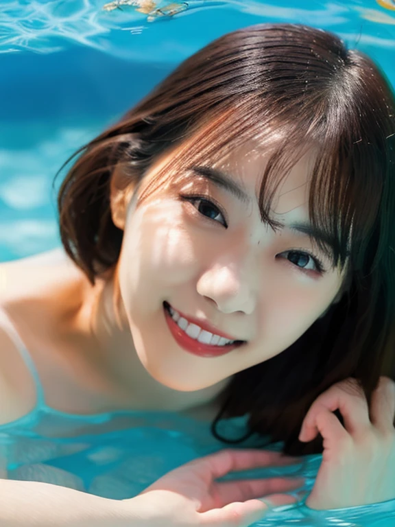 masterpiece, highest quality, Photoreal, Super detailed, finely, High resolution, 8k wallpaper, Professional, Advanced level of detail, College girl having fun in the pool, slender Japanese woman, ((facing the front)), detailed clavicle, Medium chest、perfect face, medium long hair, black bikini、gentle smile
