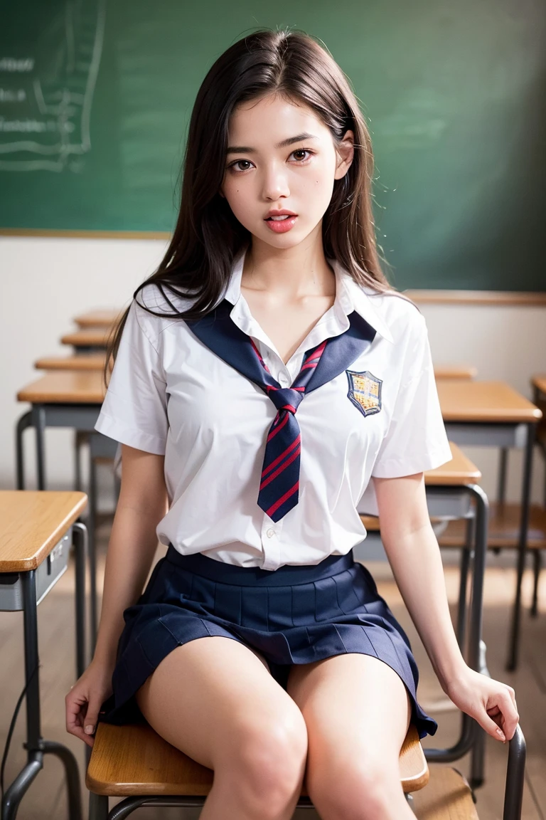Twin-tailed, 1young girls, Beautiful face, (Extremely cute, Amazing face and eyes), Realistic, (Best Quality:1.4), extremely detailed CG unified 8k wallpaper, Highly detailed, RAW Photos, professional photograpy, Realistic portrait, Cinematic Light, (Beautiful breasts), (cleavage of the breast:1.2), (Uniform with wide open chest:1.5), (Mini skirt:1.3), (No panties:1.3), (Squatting:1.2), Cameltoe, Indoors, School, (View from below),