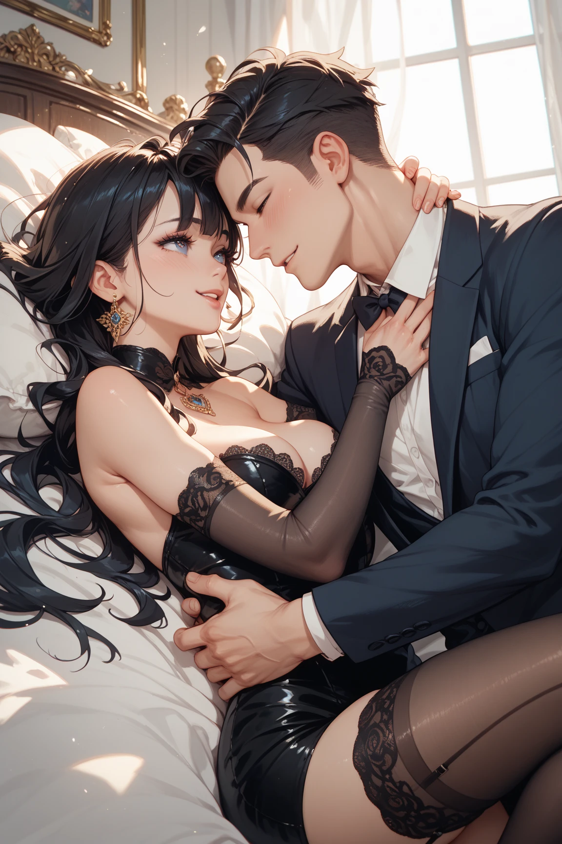 (masutepiece, Digital Art, Digital Illustration, 4K, 8K, Ultra-detailed, beautiful image, Sharp Image, Photorealistic, Raw photo, Perfect face, Perfect lines, Perfect eyes, Soft lighting) 1 woman, (Long Black Hair,straight haired,Bullish gaze,Beautie,Solid makeup,23 y-o woman,small tits:1.3),Secretary, Two handsome men in suits, (ember,Men in suits,well-muscled,Firm shoulder width,Adult male,Boyish hairstyle,English gentlemanly style,Man in his 30s with a cool expression,28-year-old man with bright smile:1.2),living room full of light、sofas、relaxing sofa、the kiss、kiss、a couple、couple kissing、Romance、ssex、have sex、Wet pubic area、insert 、Rape、Overflowing、Full body painting,(One Girl And One Man,Having sex:1.5),(ember,Adult male,Rubbing the girl's boobs:1.2),Cheek dyeing、gasping face、embarrassed、boredom、begging、Unhappy、Greedy expression,Wet pubic area、 xen、Open your crotch wide、Cowgirl、Fluttering chest、Wet shirt、Sheer black lace underwear、Sheer nipples、Plug-ins、Rabbit ears、bunnysuit、garterbelts、maid clothes