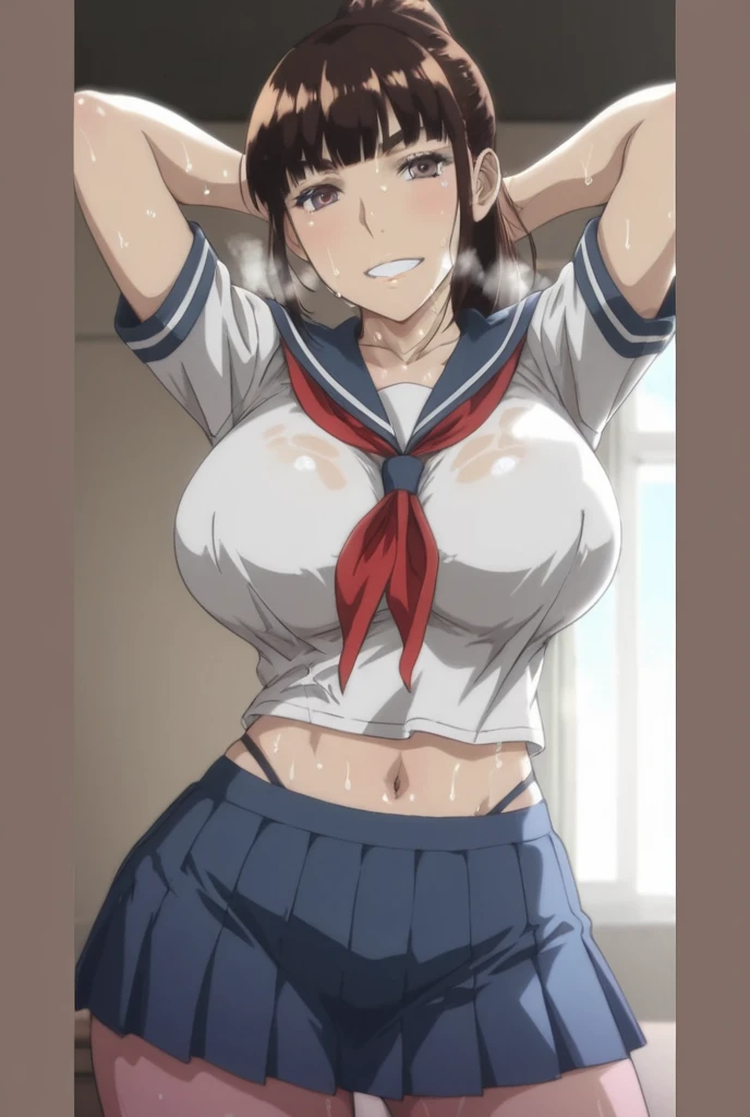 8K,master piece,anime,Perfect ???????,Suguha Kirigaya,1female,crossed eyes,(rolling eyes),open mouth,(tongue out),(crying),short sleeved white sailor suit,underboob,(((pull down))) a micro pleated skirt,((groin)),short hair,(huge perky breasts),(Very small waist and slim body)