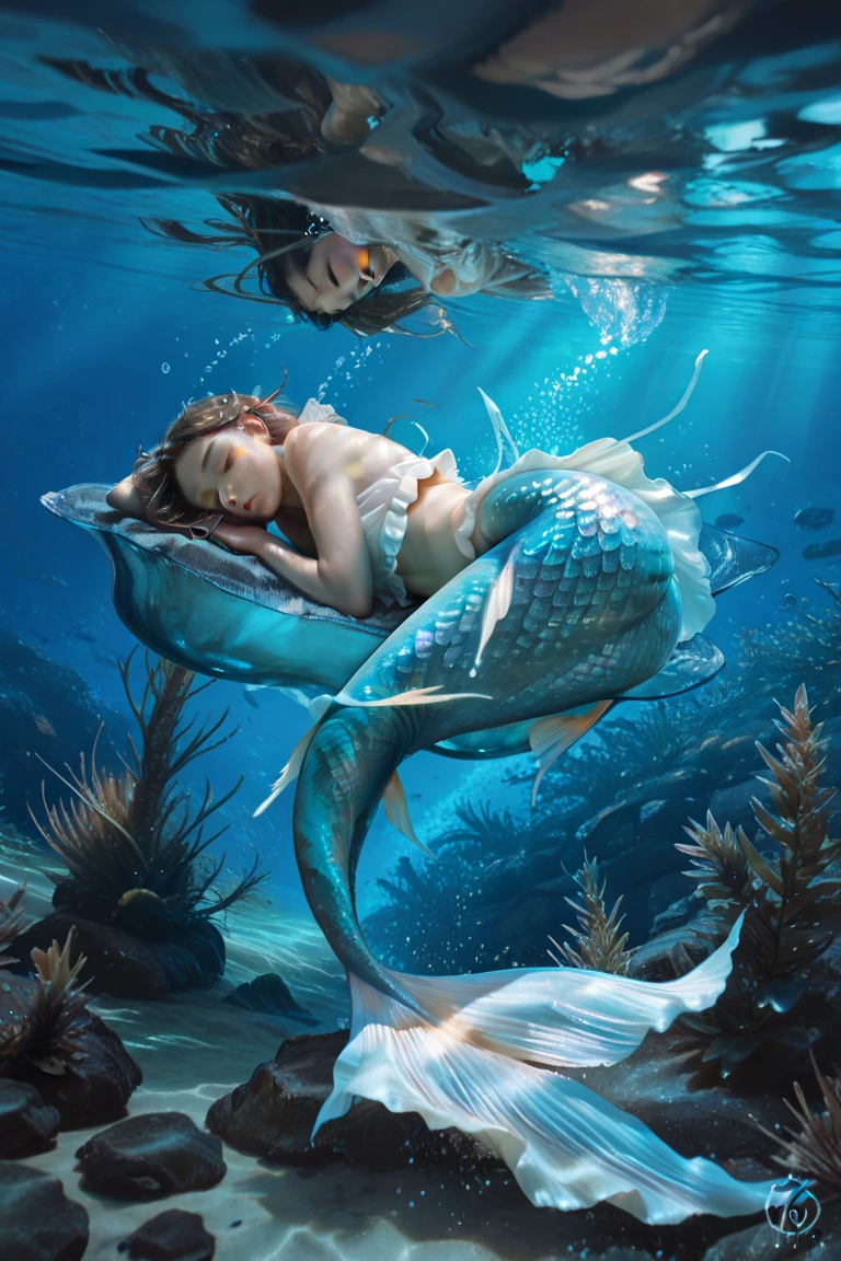 Mermaid baby(black baby)(mermaid beautiful tail)Ôáh! I'm in paradise... gracefully sleeping, inside a shell,beach covered with magnificent gem stones,double exposure long,with you.A masterpiece oíl painting by luis Royo, drawn pencil art, ultra detailed, bacground vintage, perfect hands,  filigree, glowing, shadowy, ultra quality, 3d, spoked hairstyle
