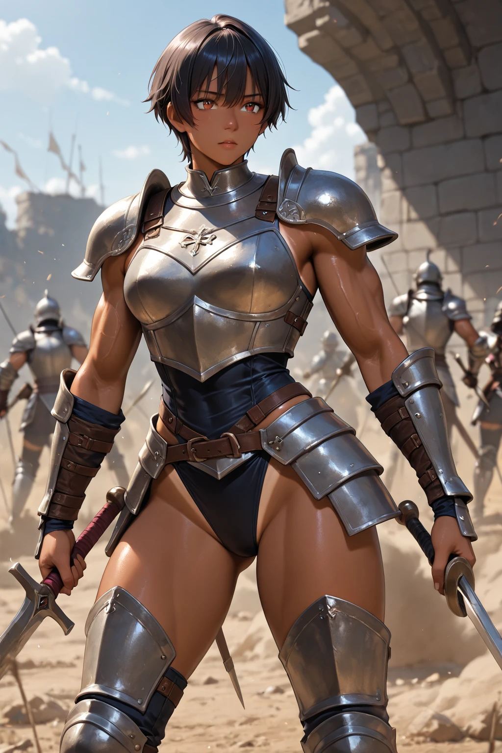 (high resolution, pixel perfect, gorgeous illustrations), (hyper quality, muste piece, etheric: 1.4), (((cowboy shot))), face focus, ((1girl)), (((Androgynous, boyish))), (((15 years old))), (((((punk))))), hot Rocker punk girl, ((((sexy pose, open stance)))), cool atmosphere, black hair, ((((very_short_hair, slicked_back_hair)))), (((piercing))), eyelid_piercing, nose_piercing, (((Exquisite face, aroused))), blush, tattoo, ((((muscular_female)))), (ideal ratio body proportions, slender, flat chest), fighter, (((wh_chi_armor))), (((highleg_leotard_armor))), (((cameltoe))), shiny skin, gleaming skin, simple background,