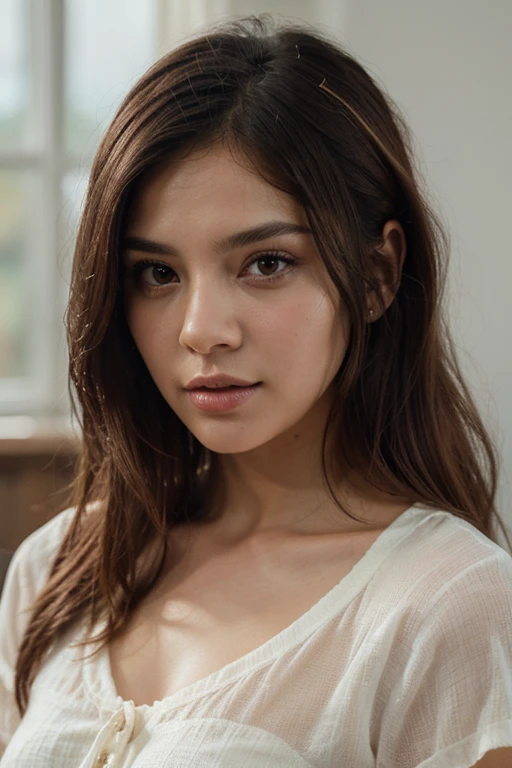an anime girl who with brown color skin, has dark eyes color, has dark auburn hair, has a beauty mark under her lips and on her cheek.