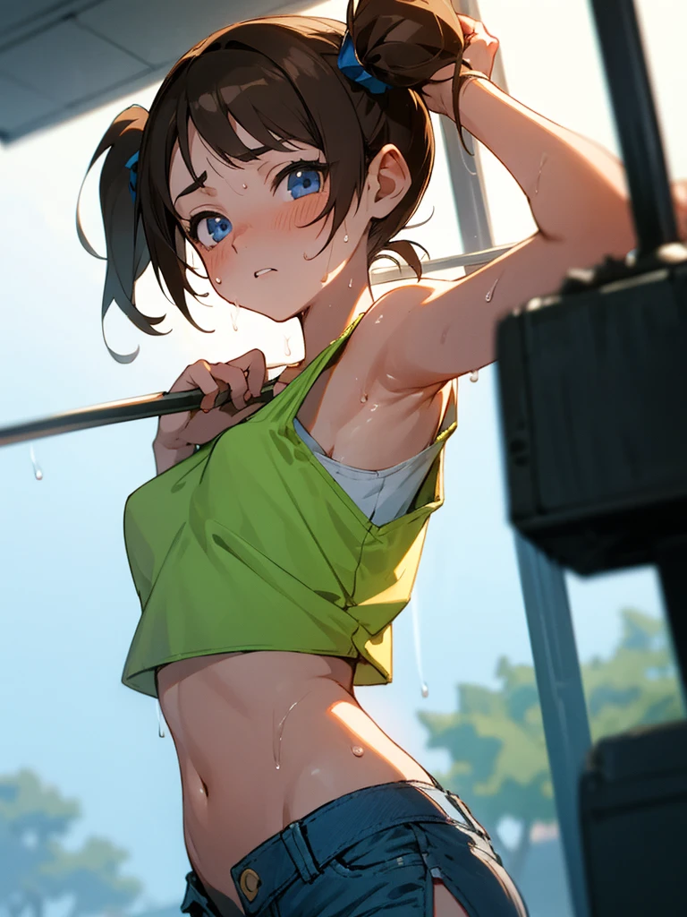 ((((masterpiece, best quality, high resolution)))), Extremely detailed 8K, 1 female, wearing a white crop top and black gym shorts, (Ultra HD, Ultra-detailed, Highly detailed, Highly realistic, Ultra-realistic, photograph realistic), (1girl:1.5), (Realistic green short hair), (dynamic poses), facing at camera, looking at viewer, (a smiling face), (regular hazel eyes, sharp eyes), (perky breasts:1.2), (beautiful detailed face, beautiful detailed eyes), ((slightly sweating)), (preparing for a workout), sweat, glow, (sunbeam, sunlight), ((cowboy shot)), gym background, seductive, EnvyBetterHands LoCon,