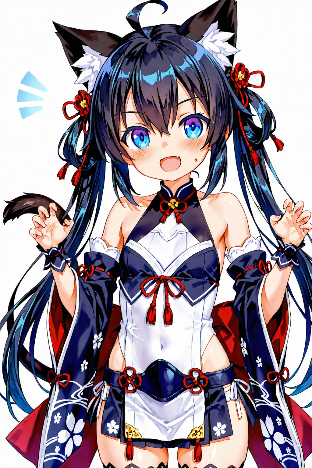 Anime painting。character１。 Black hair wolf ears。garter belt stockings。Blue dance dress costume。Adhesive Red Glasses。Blue Eyes。smile。Blushing Beauty。first round。 High angle cleavage close up。