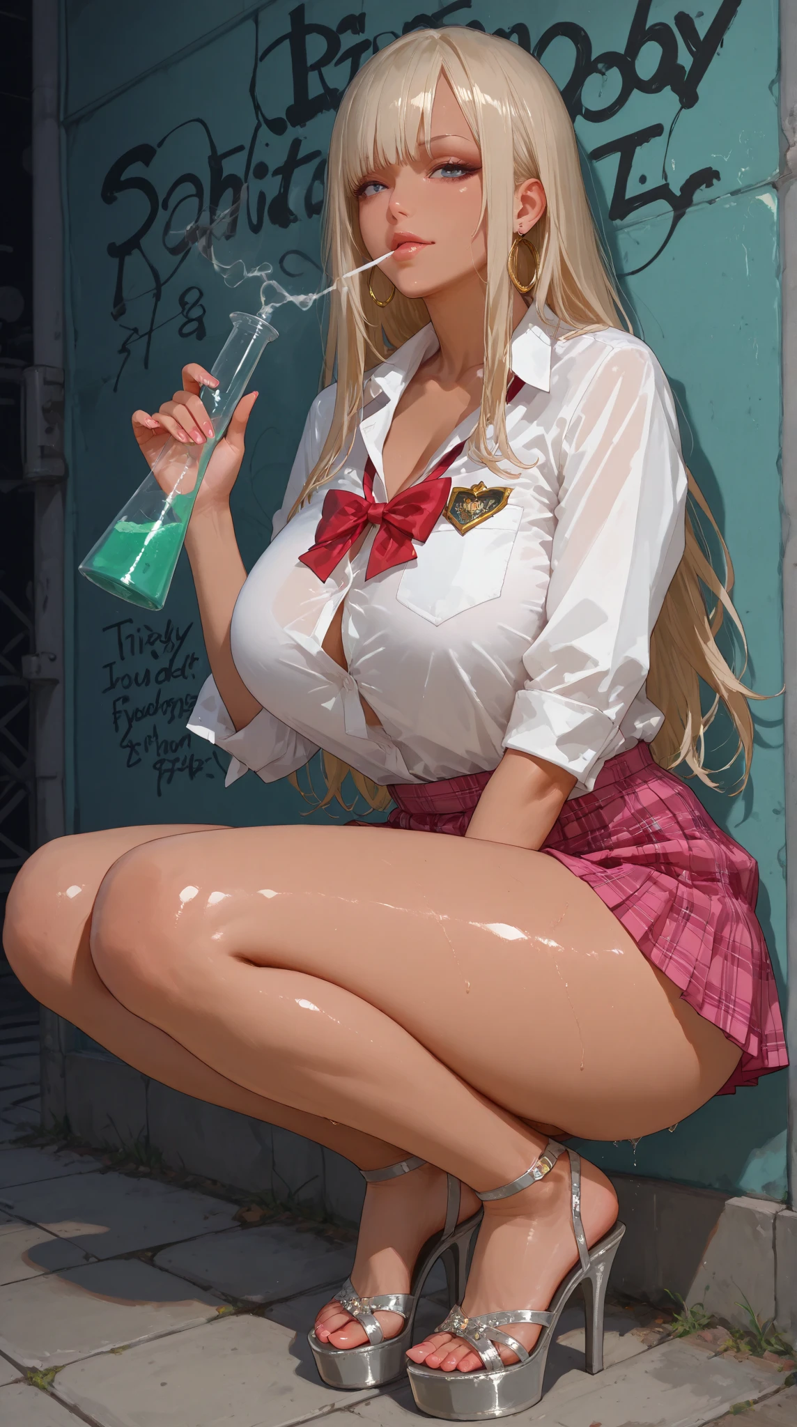 Ann takamaki. partial Nude, massive breasts, Unbuttoned shirt. open shirt. Legs spread, legs apart. Blonde hair. Twin tails. visible nipples, ??????. sailor fuku uniform. 1girl. alone. outdoors. wet clothing. raining. wet skin. wet hair.
