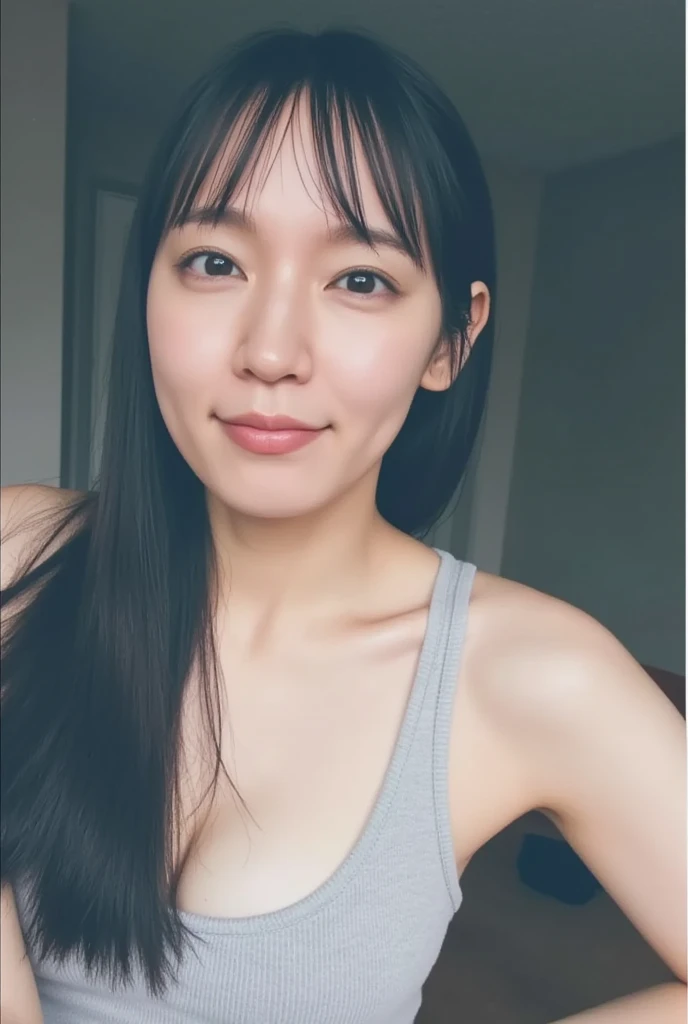 highest quality,masterpiece,Ultra-high resolution,(Realistic:1.4),Beautiful lighting, (Highly detailed CG Unity 8k wallpaper), Beautiful face in every detail,Detailed clothing, 50mm portrait photography, No background、One Girl,Big black eyes, cute, young, Pause, Facial Lighting, Physically Based Rendering,Written boundary depth , Black Hair, ,(Serious face), ((Take from above)), (Please open your mouth wide),Japanese women、20-year-old、camisole、(Big Breasts)、(Upper Body)、Young and beautiful woman taking a selfie, Taken with iPhone camera、Hotel Rooms