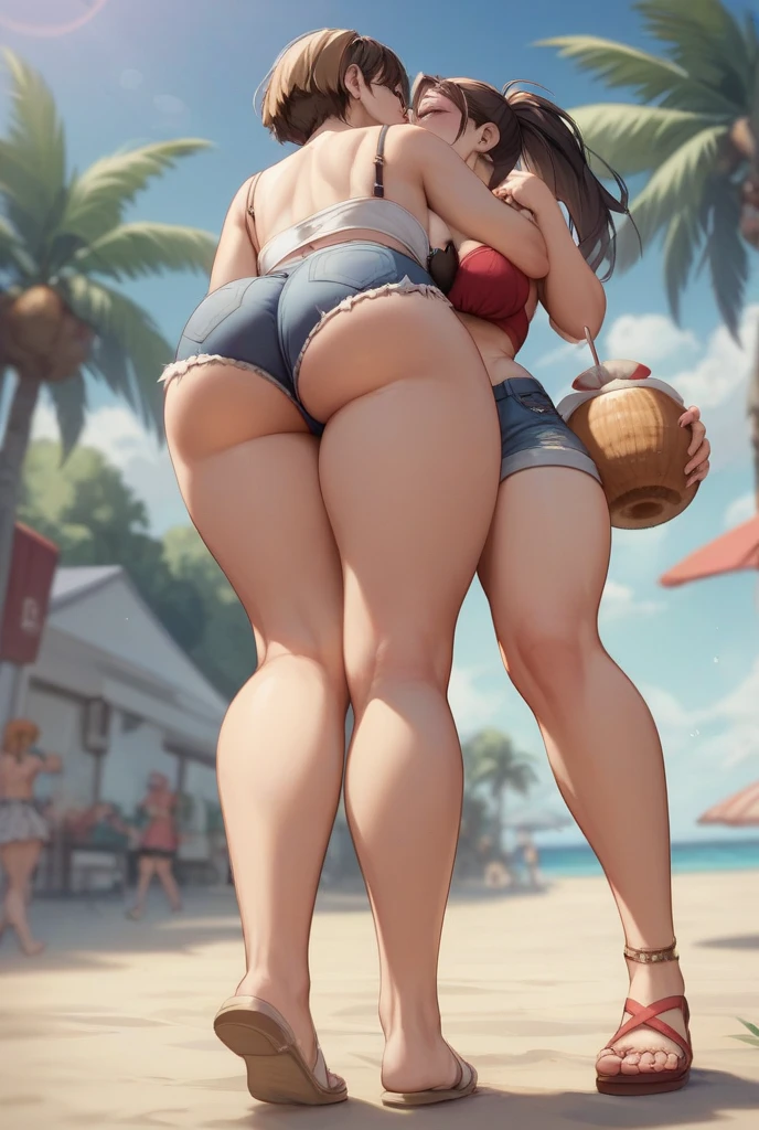 (Tifa Lockhart and Aerith Gainsborough), long hair, detailed_iris, (huge breasts:1.2), on a beach, earrings, Expressiveh, ff7, final fantasy 7 style, ffvii, solo, (topless:1.3), sultry expression, full body, anilingus, face in ass, eatass, 2girls, lesbian, yuri, standing