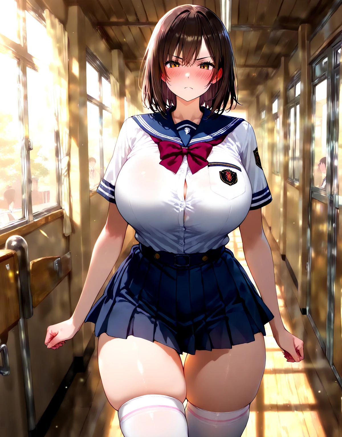 1girl, (solo), blush, (seductive smile:1.3), ((15 years old)), (big breast:1.5), ((beautiful anime eyes with fine detail)), realistic skin, ((sailor suit)), (Navy blue pleated mini skirt), nsfw, ((skirt lift:1.5)), lace panties, beauty of slender female legs, (spread pussy:1.4), lift one leg, (thigh-high socks), Subway train interior background, in a crowded train, (Lots of men on the train), men wearing suit pants, man standing behind a girl