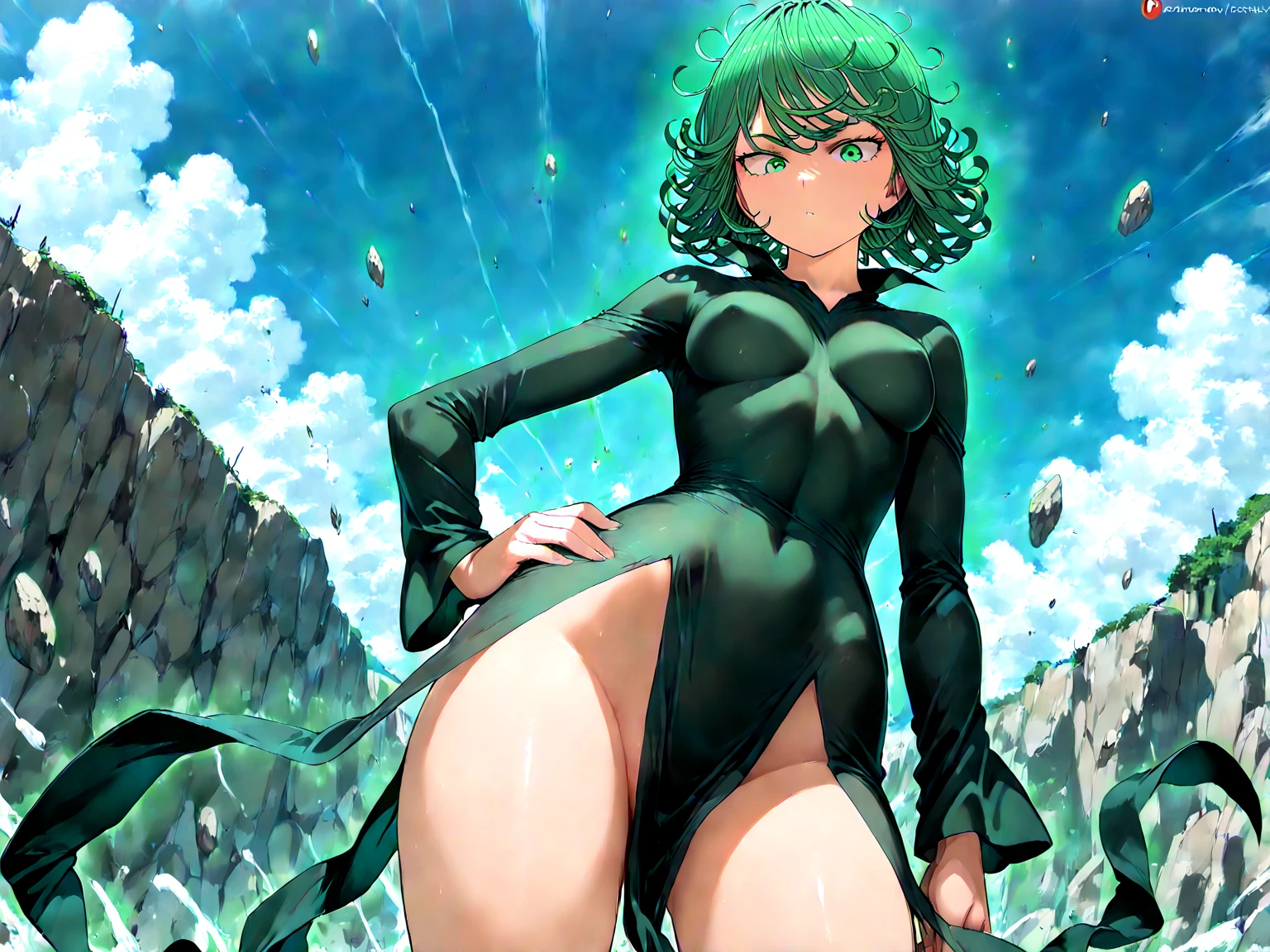 beautiful young woman, ((thick-thighs)), Tatsumaki de One Punch Man, (((legs spread open))), (((witheout panties))), ((((pubic-hair)))), (((dripping vagina))), view from below, (((nervous expression))), ((big-ass)), (((angry expression))), (((tight bra))), (((naked vagina)))
