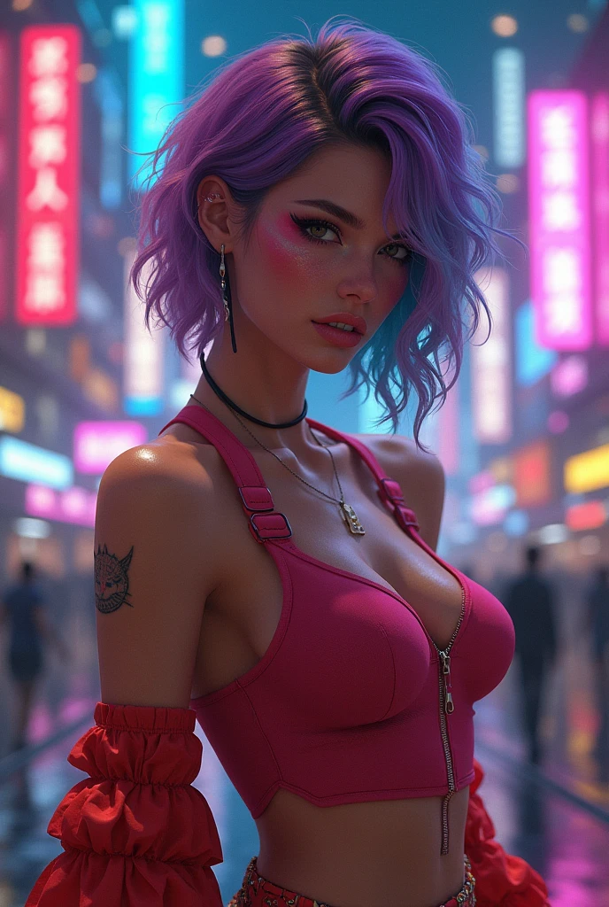 Best quality, highest resolution, detailed depiction, delicate depiction, colorful lighting, fashion model female body type, rainbow hair, cyberpunk edge liner, cyberpunk city, radio city, global illumination, motion blur, anti-aliasing, photorealistic, ray tracing, Shinjuku cityscape, detailed background, sweaty, sweat splashes, breast bump, translucent white skin, bob cut, skinny, bondage, fishnet stockings, gorgeous accessories, beautiful thighs, chains, delicately drawn face, beautiful face, thin and thin eyebrows, round chin, see-through costume, big mouth, ahegao, strong gloss, skin-transparent jacket, faithful depiction, rainbow costume, slender abs, rainbow eyes, best quality, masterpiece, ultra A high resolution, photorealistic, best quality, 8K, perfect body beauty, beautiful woman with slender abs,