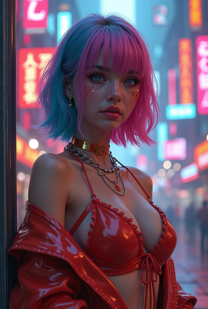 A full body of a Photorealistic of a fabulous, petite, 26-year-olf colossal breasted woman in a playful, quirky, huge, colossal breasts, smirking, snarky, youthful expression for a Smallville show photo. She looks 26 and 5'2": European, full body, dressed in a sexy low-cut ice-blue dress, with (flat, athletic, well-muscled). Heavy artistic eyeliner. Tasteful natural makeup. full body. Sleek orange hair is Asian-textured, extremely asymmetrical, in a messy futuristic city long hair with tons of jewelry. full body photo