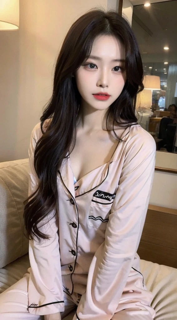 ((top-quality、8k、masterpiece:1.3))、Beautiful woman with perfect body:1.4、slim abdomen:1.2、Longhair, normal breast, Highly detailed facial and skin texture, A detailed eye, delicate eyes, (smile), (full body shot), ((computer room 1.1)), (sitting on chair), (((wearing white pyjamas))), looking in front