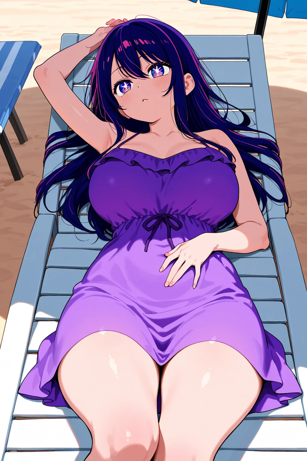 (8k, RAW photo, best quality, masterpiece:1.2), (intricate details), perfect eyes, perfect face, perfect lighting, beautiful, (masterpiece:1.2), (best quality:1.2), 1girl, solo, Marinette, blue hair, ((long loosen hair)), adult torso, 19 years old, slight smile, huge sized breasts, (pink dress), cowboy shot, 3DMM, sitting, front view
