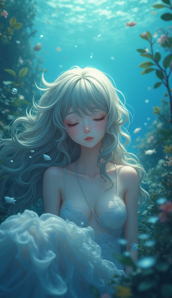Drawing a woman with pale pink hair and flowers in her hair, a digital painting inspired by Zheng Yanjun, Artstation, pop surrealism, soft milky white film, ethereal hologram center, glass skin, lily, shot from below, bubbles rising upwards, surrounded by bubbles --auto --s2