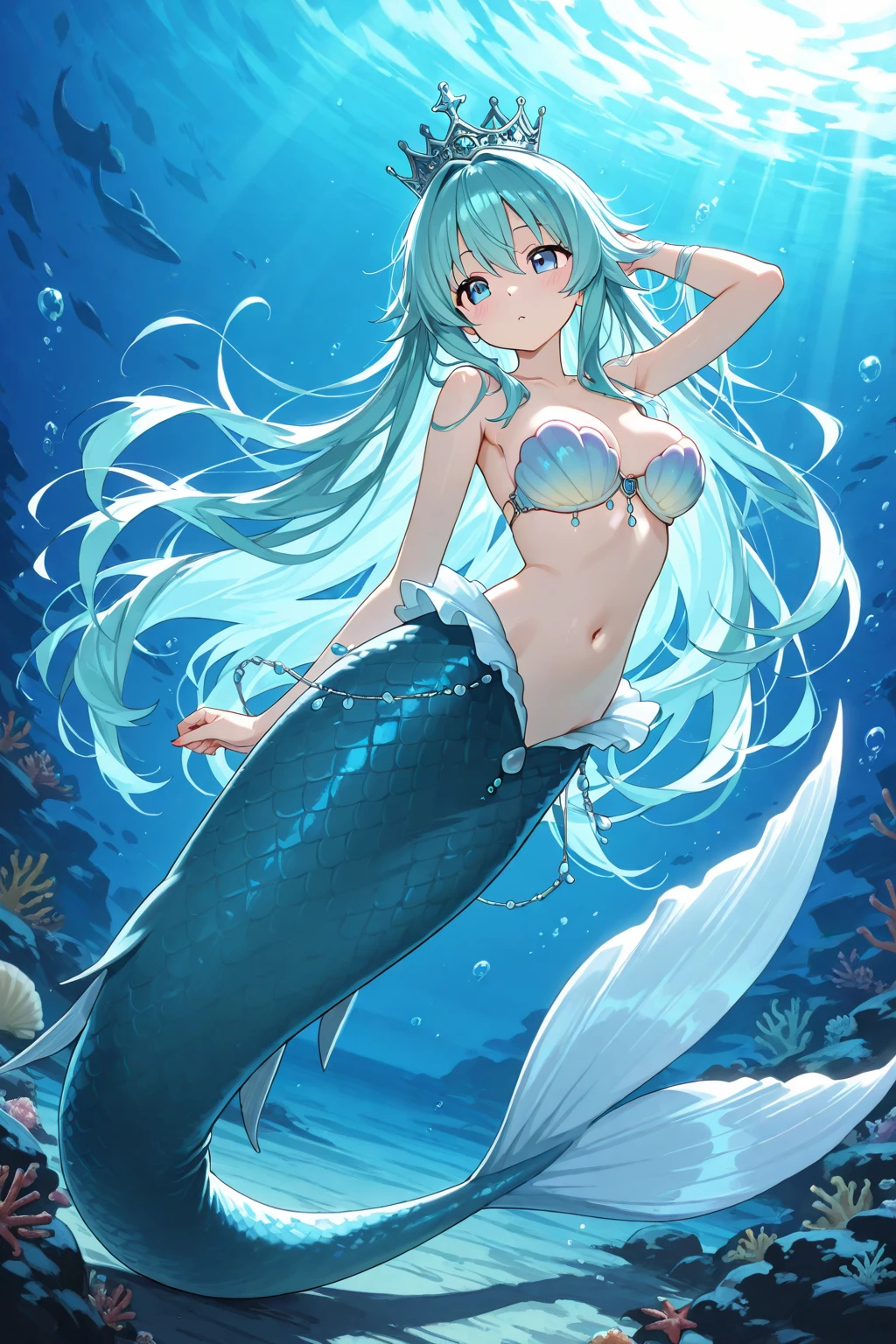 masterpiece, best quality,(Full fingers),A girl,Large Breasts,Mermaid,浅绿色的Mermaid尾巴,Head fin,full-body shot,beach,Sea view,Sitting on the beach,charming脸(Kawaii, charming,Soft),Smile