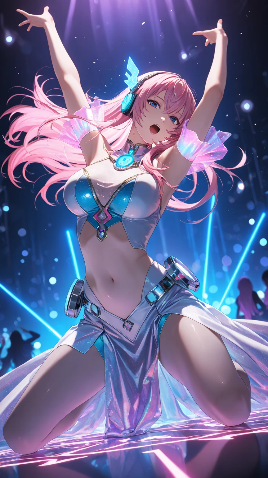 masterpiece, game CG, poster, highest resolution, official illustration, three-dimensional coloring, detailed Coloring, detailed description, artistic beauty, young, cute pose, pastel colors, navel, thighs, armpits, waist, transparent beauty, 1girl,solo,shy,closed_mouth,cute, young, facial features sharp Face, Rose pink blush on the cheeks, red eyes. Shining highlights eyes, Light pink hair, medium hair. Glossy and inwardly rolled hair. body shape Silhouette: Slim and toned figure. Big bust, slim waist, and soft hips. Smooth and transparent skin. skin color is light beige or ivory. 
tops
Shape: Asymmetric plunging bra top
Material: Metallic silver, translucent mesh
Decoration:
cloud cutout, holographic film
Chain strap, built-in LED light strip
Silicone pad, vibration feedback
bottoms
Shape: High leg bikini bottom
Material: Metallic silver, translucent mesh
Decoration:
Program code print, QR code pattern
LED light strip on waist, AI symbol mark
accessories
Intelligent Cape: Translucent Metallic Silk

Cloud and cord design, LED light strip
Intelligent headdress: silver chain, holographic crystals

Cloud-shaped decoration, vibration module
additional elements
Cloud choker: silver chain, holographic crystal beads

Breathing-linked vibration module
Cord anklet: silver chain, holographic crystal beads

Motion-linked vibration module