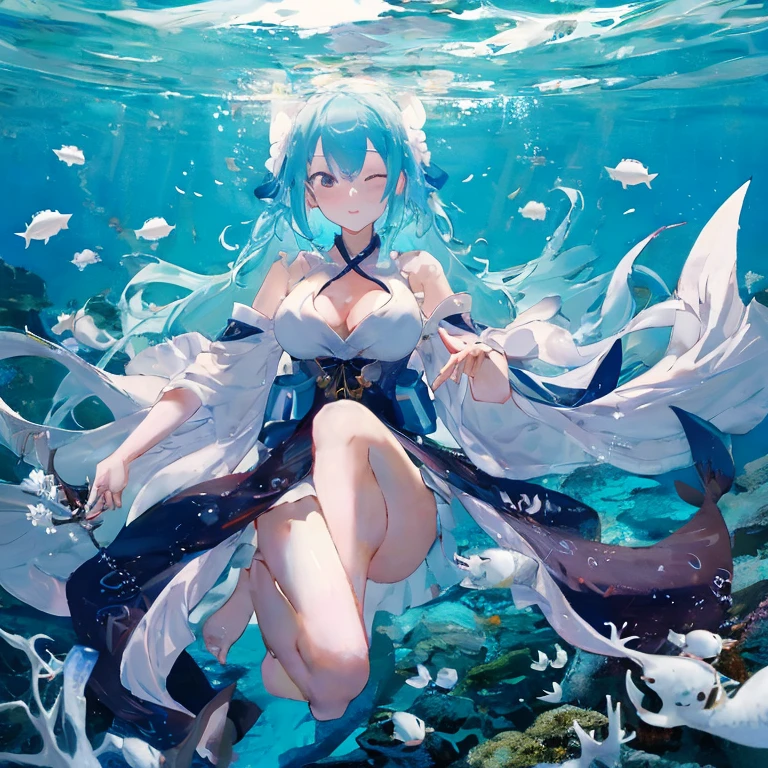 Color (Fantasy: 1.2), (Hayao Miyazaki style), (modern building submerged in the sea), patchwork cottages, flower decorations, lights, concept art inspired by Andreas Rocha, Artstation contest winner, Fantasy art, (underwater city), 1 girl, large breasts, (nude), (completely nude:1.1), (multicolored eyes), (heterochromia), (messy hair), (sapphire hair:1.3), (long ponytail), (hair over one eye), (wavy hair:1.1), ross tran, light shafts, realistic lighting, masterpiece, high quality, beautiful graphics, high detail, masterpiece, high quality, beautiful graphics, high detail, --v6