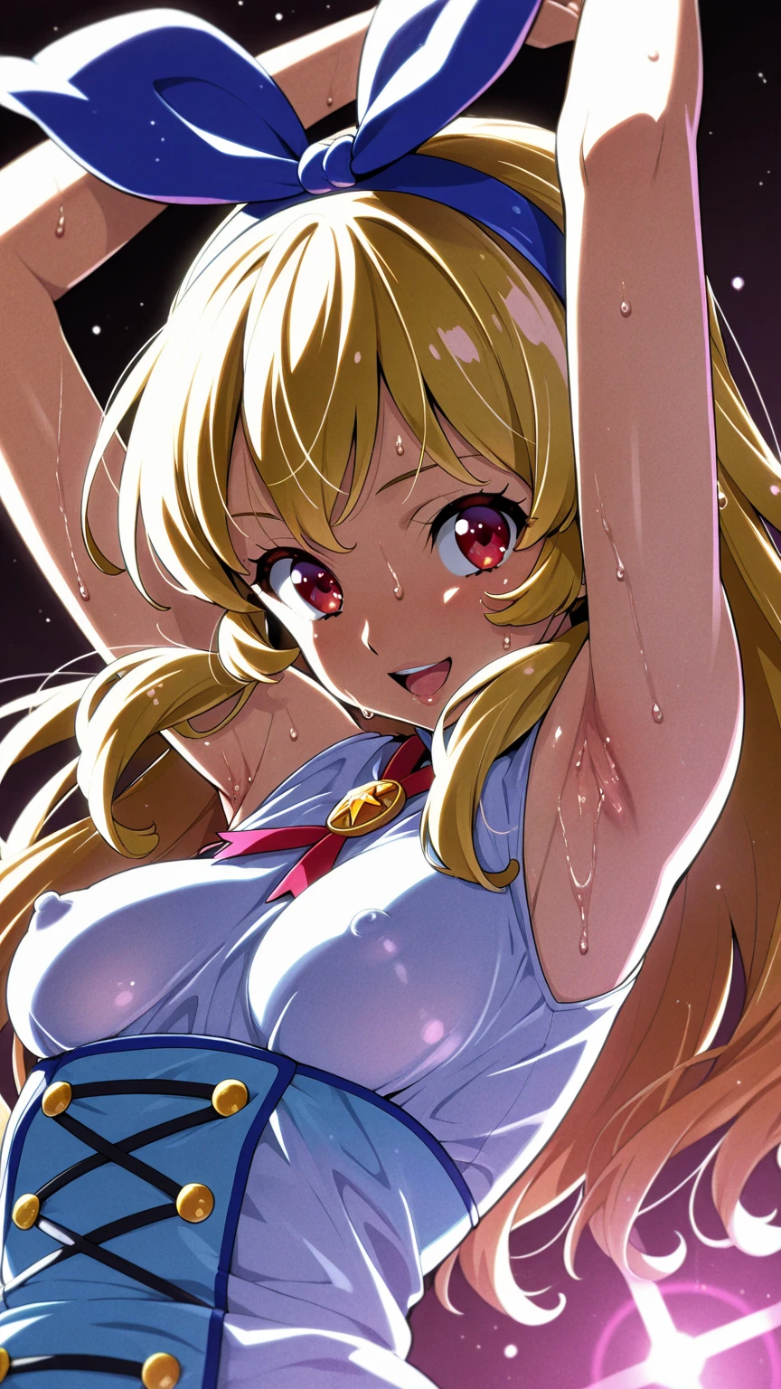 hoshino ruby, blonde hair, long hair, one side up, red eyes, mismatched pupils, star-shaped pupils, nsfw, large breasts,　nipple, naked, nude, sea, Highway, flooded, running, Building FIRE, Heavy snowfall, Peeing, lactation, projectile lactation