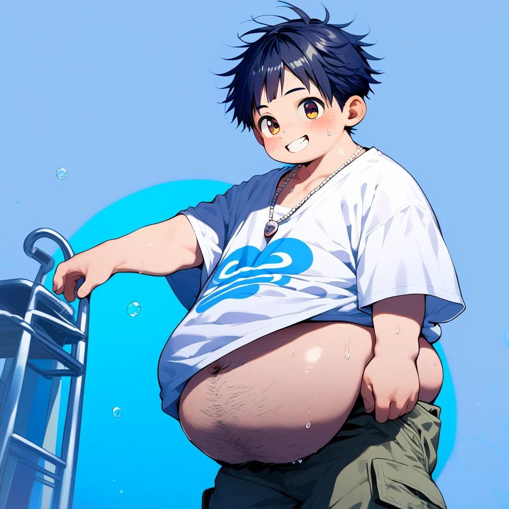 (androgynous), (boyish), beautiful, chubby, (very short hair), (pudgy face), (thick), overweight, beefy, nipples, (cute), (little brat), (naughty brat), (へそ), ぽっちゃりした体, 汗ばんだ体, (臭そうな体), (moobs), (ikemen),