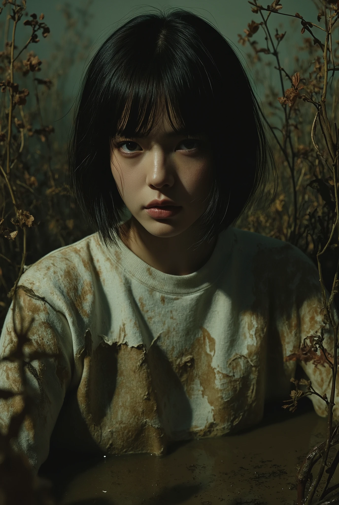 detailed portrait, artistic composition, withered, old, bob haircut, murky vegetation, mud, sludge, stuck, detailed portrait of young kinky girl, sweatshirt, artistic composition, withered, old, bob haircut, murky vegetation, mud, sludge, stuck, high quality, photorealistic, dramatic lighting, chiaroscuro, cinematic, moody, dark fantasy, oil painting