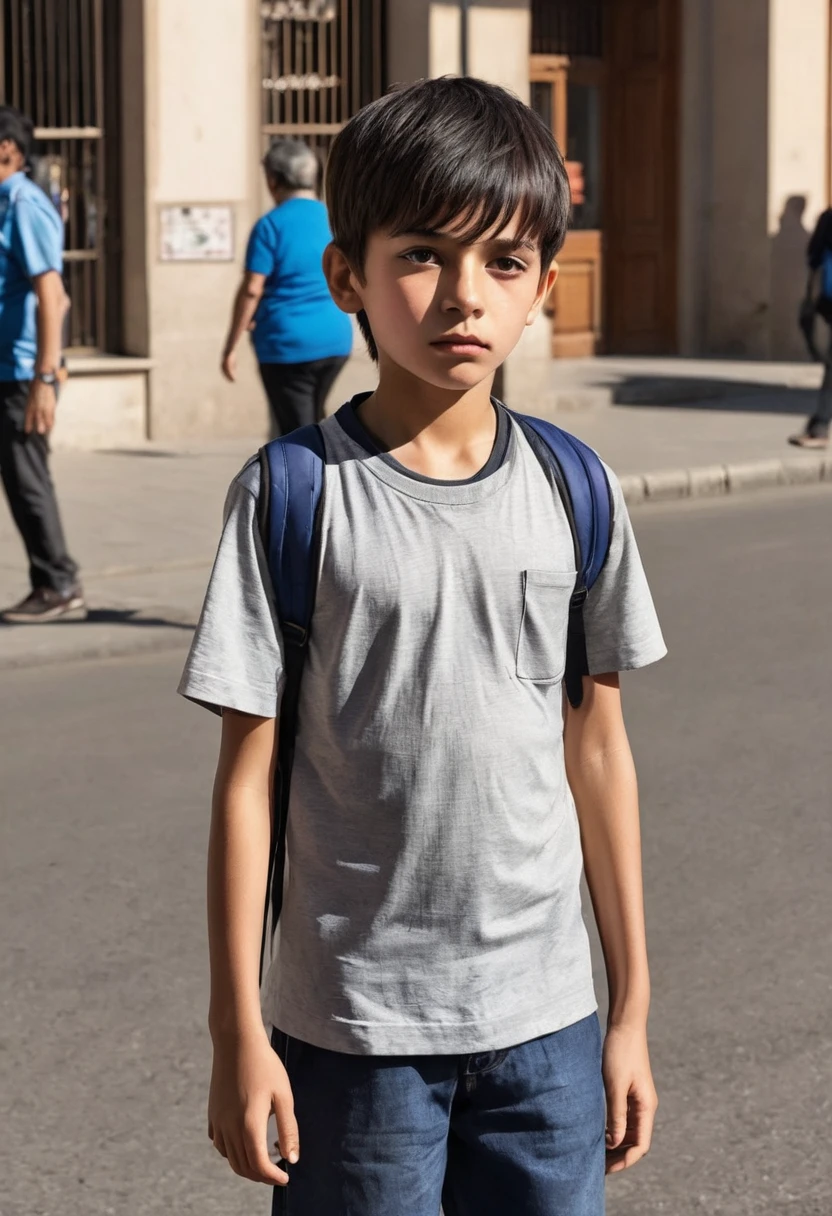 A young boy going to school with uniform blue shirt and black jeans