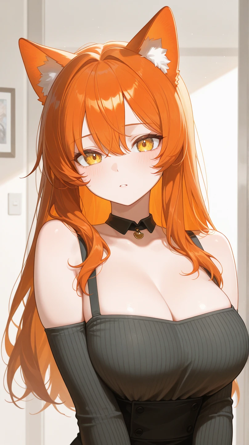 Long Hair,Orange Hair,ponytail,(Hair on one eye:0.8),dress,Big Breasts,Glowing Skin,Black background