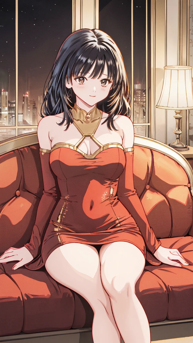 /imagine prompt: A glamorous woman sitting on a luxurious sofa surrounded by extravagant items and designer bags, opposite her is a weary and reluctant woman dressed in fashionable and revealing clothes, with a backdrop of a bustling night scene and opulent decorations, showcasing the splendor and vanity of the upper class, by Makoto Shinkai --niji 5