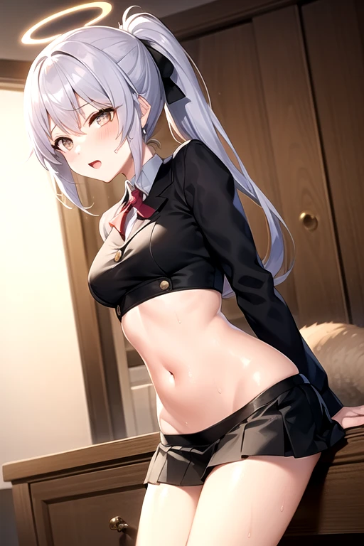 Masterpiece, Best Quality, Masterpiece, Best Quality, Official Art, Extremely Detailed CG Unity 8k Wallpaper, traditional_media, Girl, Single Braid, Black Headband, Long Hair, White Hair, Blue Eyes, Medium Breasts, Black Serafuku, Expressionless, School, Short Braid, From Above, Sitting on the Chair