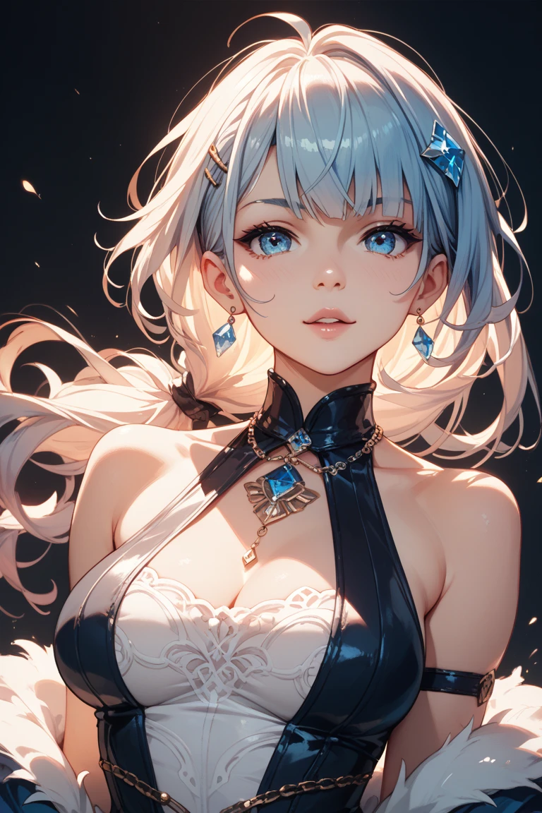 ((best quality)), ((Extremely detailed)),(16K highest quality wallpaper:1.4), (Upper Body:1.6), (Highly detailed and delicate illustration style:1.8), Delicate skin texture, Detailed fabric texture, Extremely detailed的描述, (T-Masterpiece), (The face is rich in detail:1.2), (Highly detailed silver fox ears:1.2), (Highly Detailed Shiny Ponytail:1.2), (Very detailed beautiful eyes:1.2), The original, RAW photos, professional, Intricate details, Super Detail, Direct light:1.6, (Perfect anatomical structure:1.4), (Highly delicate hands:1.2), (Very detailed fingers:1.2), (Highly detailed fingertips:1.2), (27 years old), real, (Solitary:1.6), ((Very beautiful and attractive silver fox female model:1.4)) brake (Beautiful and cute silver fox ears:1.6), (Detailed silver fox ears:1.4), (Beautiful and well-proportioned big breasts:1.2), (Beautiful and shapely buttocks), (Very beautiful and shiny rainbow hair, Colorful hair:1.6), (Very beautiful and transparent blue eyes,Shine with rainbow colors, Colored eyes:1.5), (beautiful clear blue eyes,The details sparkle:1.6), (The face is rich in detail:1.4), (Smile:1.3), (Looking at the audience:1.4), (permanent:1.4) brake (Concept Art:1.2), (Detailed fantasy art:1.2) brake (Just after noon:1.4), (Otherworldly city streets:1.6), (A different world:1.2), (Highly detailed and sophisticated backgrounds:1.2) brake ((Court Wizard's Coat:1.5),(Court wizard cloak:1.5)) brake