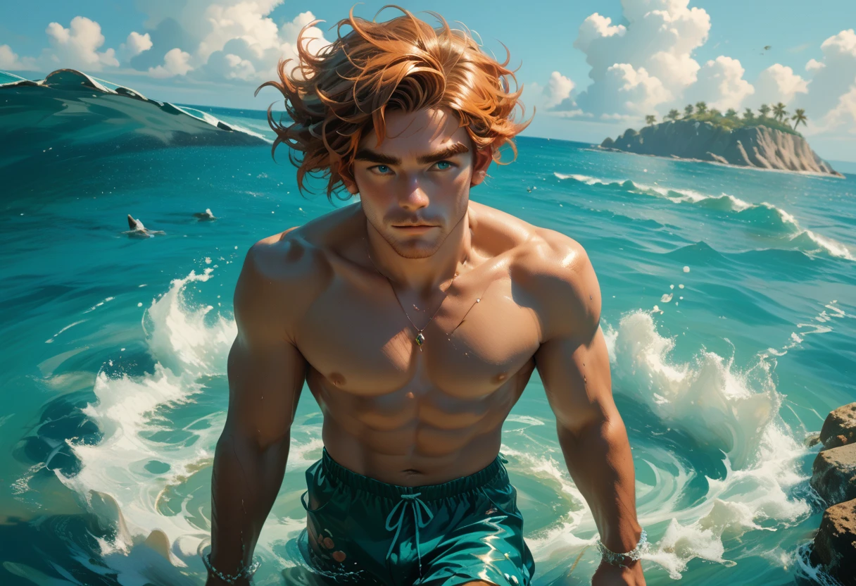 HQ drawing of a beautiful man, with medium straight wavy hair, with golden net around the body below with erect penis, and jellyfish
