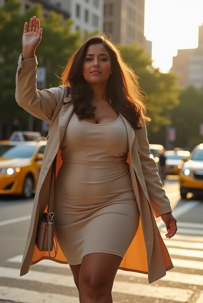 Maria, a curvy Latina model with long, flowing brunette hair, full breasts, and a shapely buttocks, struts through the streets of Manhattan in chic black skinny jeans, a tailored blazer, and stylish ankle boots, representing the Big Apple's fashion-forward vibe.