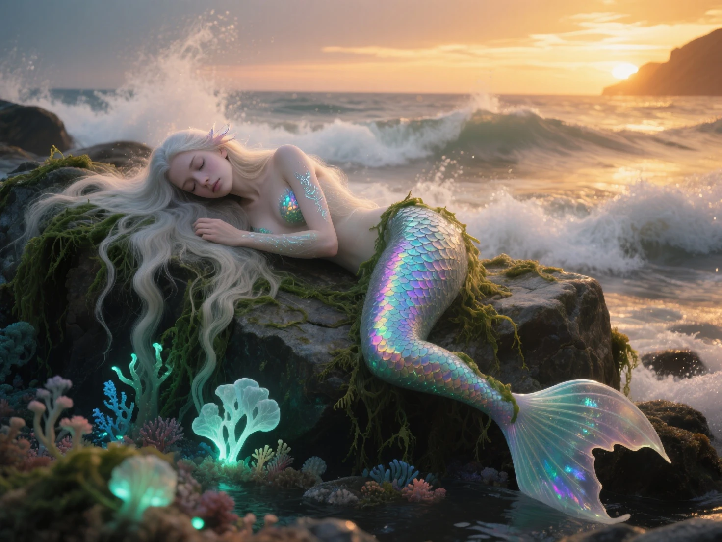 Aphrodite, pale pink mermaid costume, female Alafed statue, two arms, mysterious cosmic background, goddess of love, Greek goddess of love and peace, goddess of light, goddess of Hestia, beautiful goddess, Greek goddess, goddess of wisdom, Greek goddess Athena, holy goddess, only one person, sitting on a rock in the middle of the water body with hands folded behind the back of the head