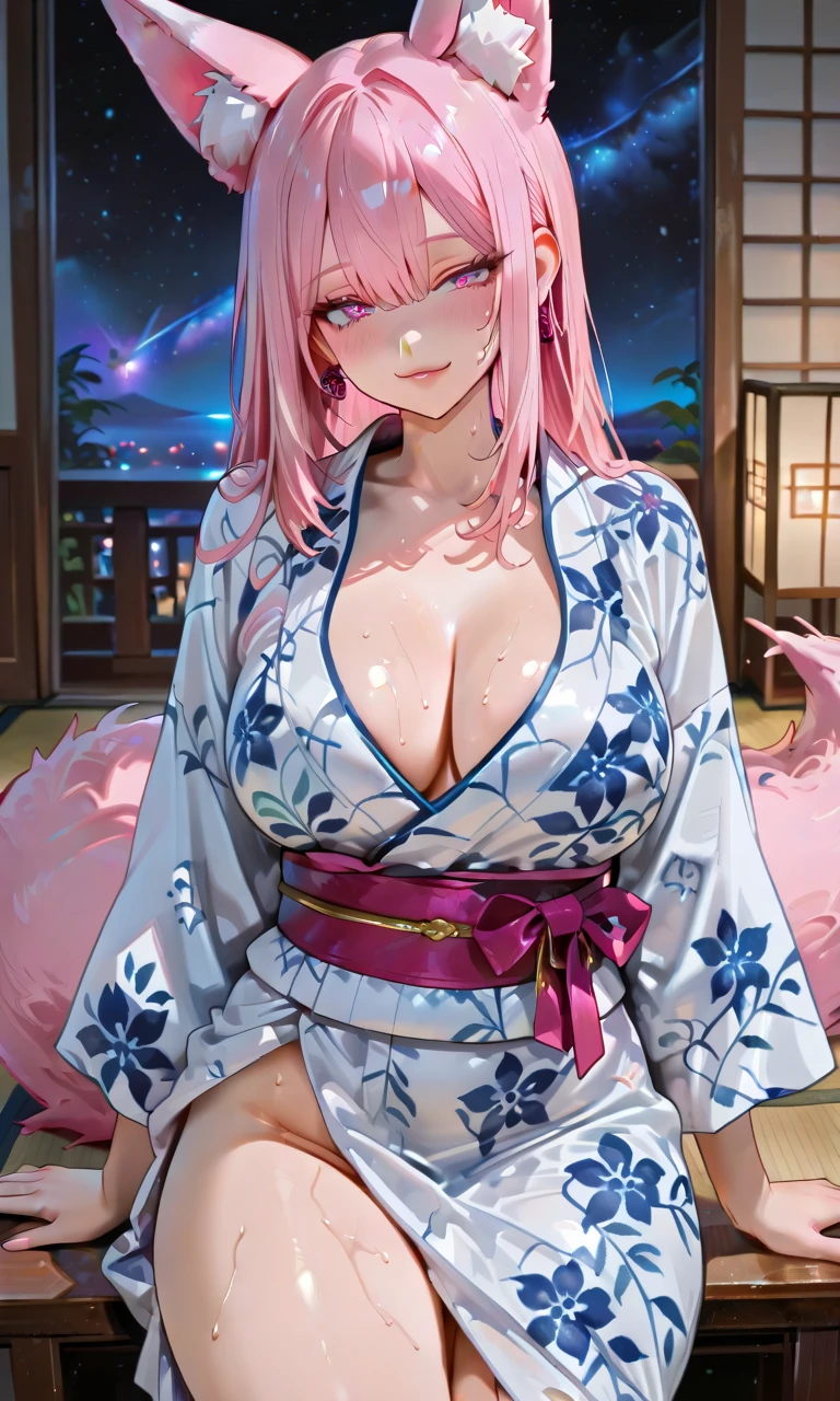 Good quality, 2D, full body, 1woman, white skin, long hair, pink hair, blue eyes, red lips, pink eyeshadow, gorgeous face, huge boobs, sexy, based in japanese folklore, red yukata
