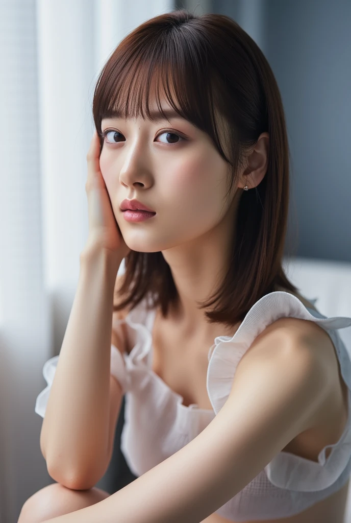 (Best Quality,4K,High resolution,masutepiece:1.2), Ultra-detailed, Photorealsitic, hair messy, disheveled hair, Iridescent eyes, playful expression, Low-cut white shirt, Long legs, Professional, Portrait, Beautiful detailed eyes, Strong gaze, Sharp Focus, Vibrant colors, Studio Lighting.