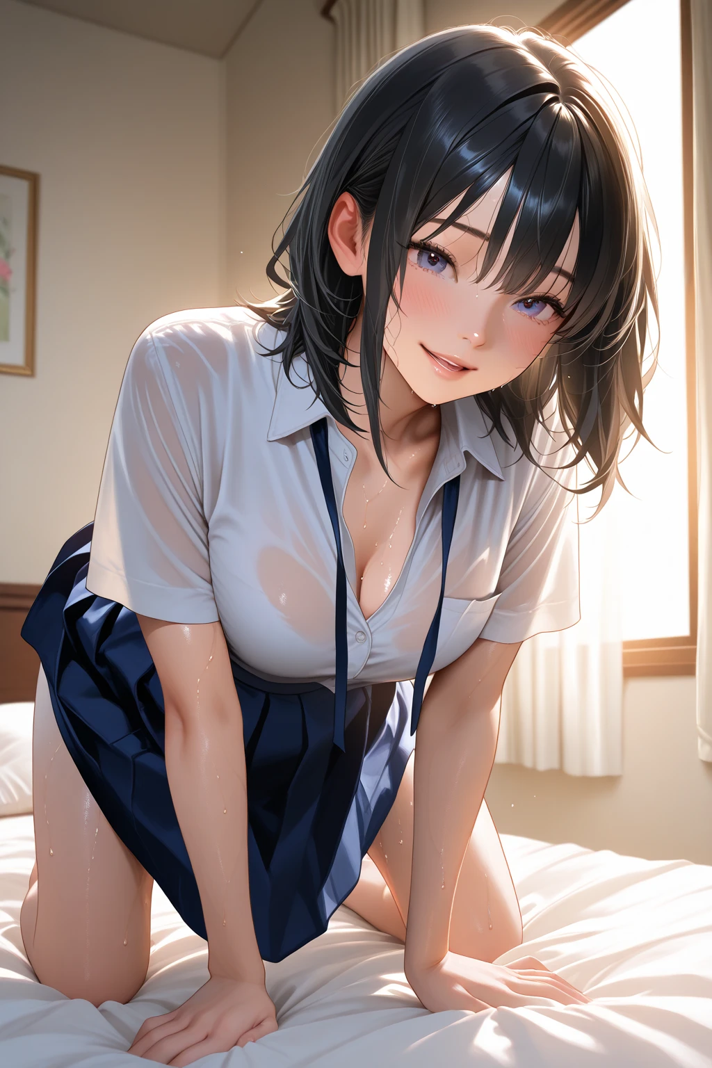 (top-quality: 1.3), (masterpiece: 1.3), (Super Detail: 1.3), (wall-paper, one girls: 1.1)、(Detailed hands and fingers:1.2)、(Detailed ultra-oily shiny skin:1.1)、(White Short Sleeve Y-Shirt:1.4)、(Collar and buttoned shirt:1.4)、(Raw feet:1.3),(Dark blue panties:1.3)、Black hair、short-hair、poneyTail、Beautiful sister、(ssmile:1.3)、(Boy's room:1.2)、(Beautiful Large Breasts:1.3) 、sexypose、My shirt is wet from the rain、The body is wet from rain、It's raining outside、all-fours
