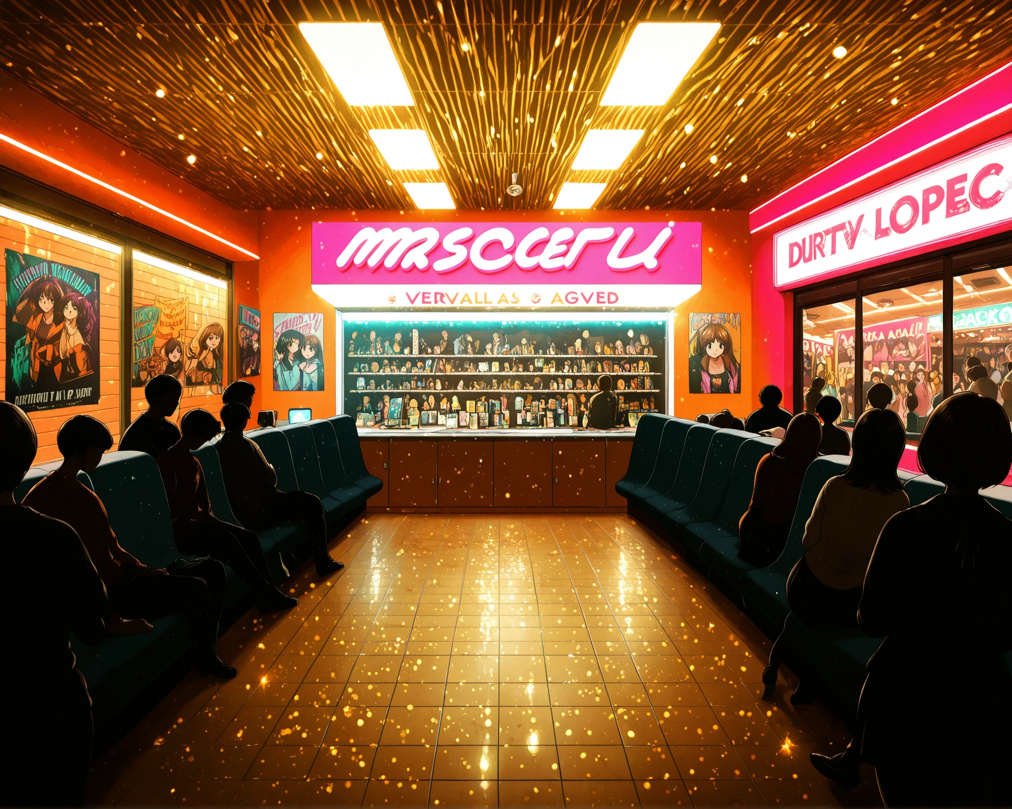 High Quality, Best Quality, Photo shoot, Showa retro bar, seasonal interior, bright neon , dirty ceiling , inside a store full of people, Old TV, peeling wallpaper, miscellaneous ornaments, Vibrant Crowds , loose lighting, nostalgic poster, dirty window, lively space