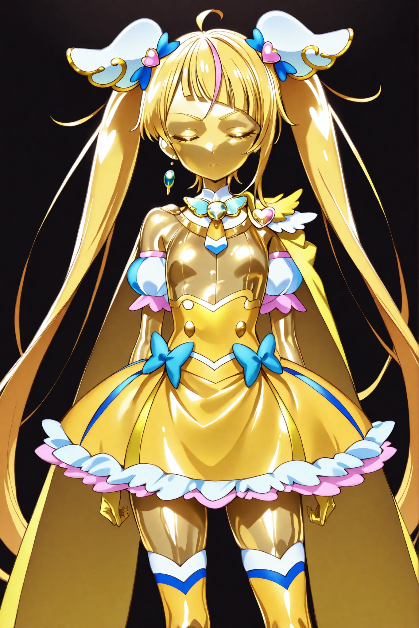 Cure Sky, masterpiece, AND ORAL SEX, Newest, very high resolution, closed eyes, yellow hair, yellow sclera, closed mouth, No students, Yellow skin, glossy skin, metal skin, Black eyebrows, Slanted eyebrows, 1girl, solo, cowboy shot, standing, dynamic on the background, watching viewers, sleeping, Serious Expression, black background, Hands on Her Hips, Gold_butterfly hair ornament, Long Hair, Gold_Knee Socks, 太ももまで長いKnee Socks, Magical Girl, Gold_skirt, under skirt, hair ornament, Gold_gem, Gold_gloves, Gold_twin tails, Gold_ribbon, golden hair ornament, Gold_cloak, metallic outfit