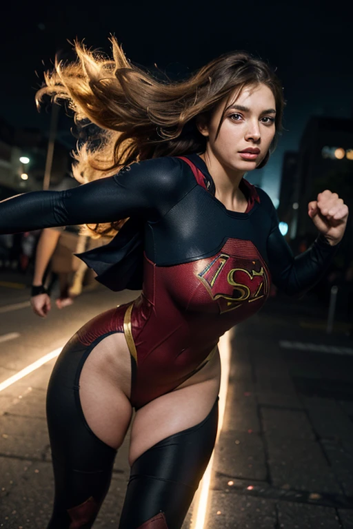 Supergirl 18 years old body-marked sensual fetish style tight clothes, walking on the street of gothic city, men looking at realistic photo, masterpiece, ultra hd, red batichica outfit, her oiled body, cameltoe, firm breasts semi big and juicy, men are masturbating when they see her