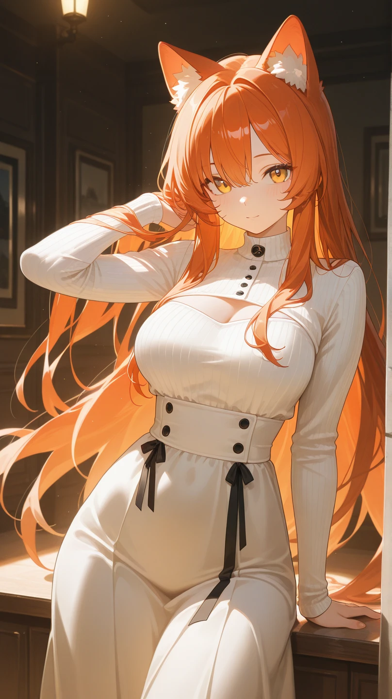 Standing full-length photo in anime style of a pretty 20-year-old girl with long, half-length orange hair, fox ears. large, delicate body and large bust, wearing sexy  clothes, a loose white blouse, a slim orange tie, a short black skirt, white socks and black shoes. white image background