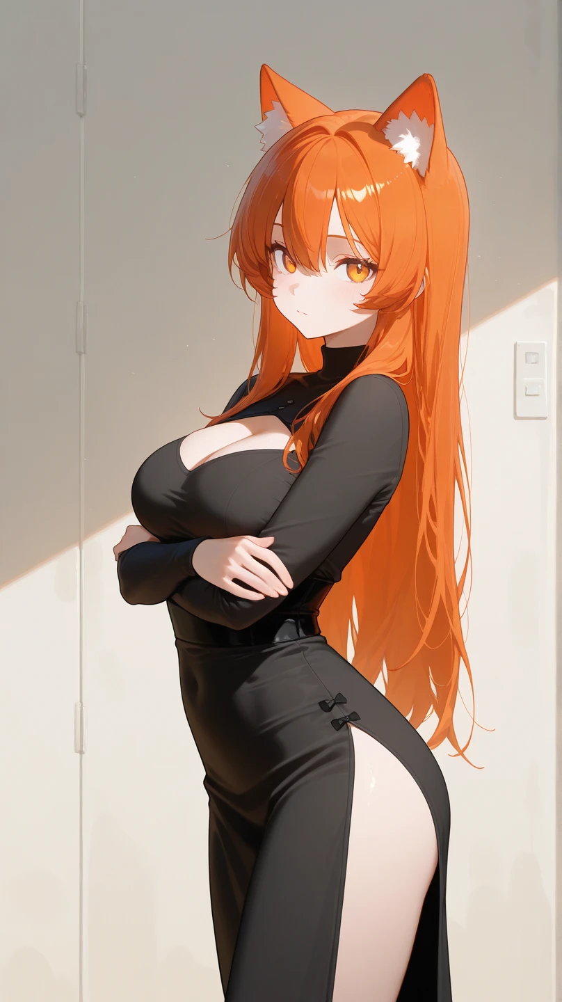 /draw apron orange_hair green_eyes breasts breasts_out couch dress female frills gloves highres koruse large_breasts long_hair looking_at_viewer lying maid maid_apron maid_headdress no_panties original solo gloves black pantyhose lifts her skirt and shows her ass in pantyhose HD UHD HQ